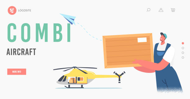 ilustrações, clipart, desenhos animados e ícones de modelo da página de aterrissagem da combi. carga de carga de cargueiro do trabalhador masculino em helicóptero para transporte aéreo - helicopter air vehicle business cargo container