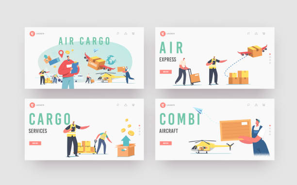 illustrazioni stock, clip art, cartoni animati e icone di tendenza di trasporto aereo di merci, set di modelli di pagina di atterraggio della logistica degli aeromobili. consegna di merci in aereo, elicottero - helicopter air vehicle business cargo container