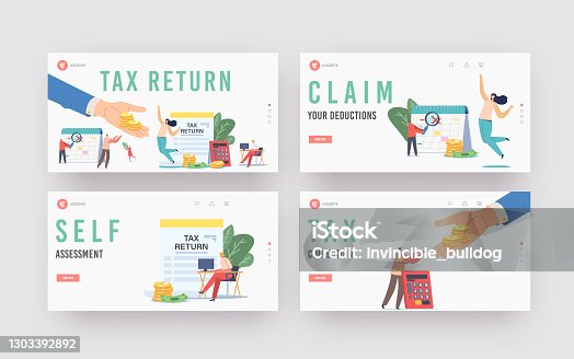 istock Tax Return Landing Page Template Set. Characters Get Money Refund for Purchasing, Mortgage or Health Care Service 1303392892