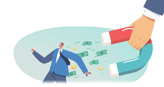 Debt Collection Concept. Businessman Character Escape from Huge Hand with Magnet Attracting Money from Pockets. Collector Chase, Financial Loan Demand from Borrower. Cartoon People Vector Illustration