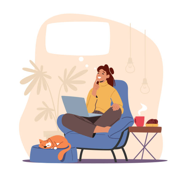 Happy Female Character Dreaming in Thoughtful Pose at Armchair with Notebook, Sleeping Cat and Steaming Coffee Cup Happy Female Character Dreaming in Thoughtful Pose at Armchair with Notebook, Sleeping Cat and Steaming Coffee Cup Imagine Something Pleasant with Empty Bubble above Head. Cartoon Vector Illustration woman thinking stock illustrations