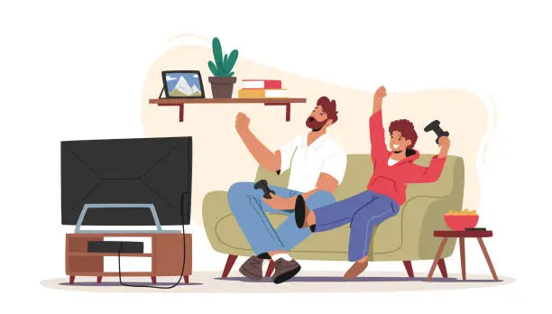 Vector illustration of Little Boy with Dad Playing Video Games. Happy Characters Sit front of Tv with Joystick in Hands Family Entertainment