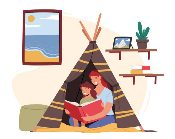 illustrazioni stock, clip art, cartoni animati e icone di tendenza di madre che legge con la figlia piccola seduta nel giocattolo wigwam nella stanza dei bambini. personaggi della famiglia felice che trascorrono del tempo insieme - child book reading offspring