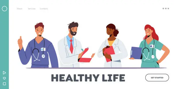 Vector illustration of Doctor Characters in Medical Robe in Row Landing Page Template. Hospital Healthcare Staff with Medic Stuff, Physicians