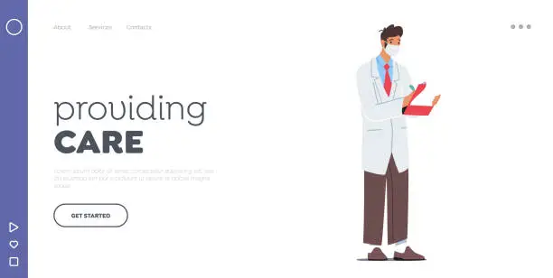 Vector illustration of Hospital Healthcare Staff at Work. Medicine Profession Landing Page Template. Doctor Character in Medical Robe and Mask