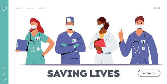 Doctor Characters in Medical Robe in Row Landing Page Template. Hospital Healthcare Staff with Stethoscope, Medic Box Notebook, Nurse in Clinic. Medicine Profession. Cartoon People Vector Illustration