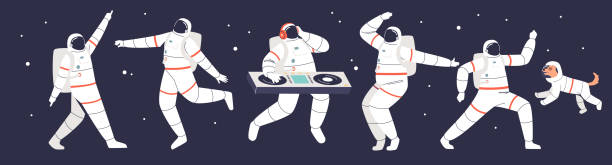 istock Astronauts party: group of cartoon spacemen dancing in space wearing space suits 1303393092