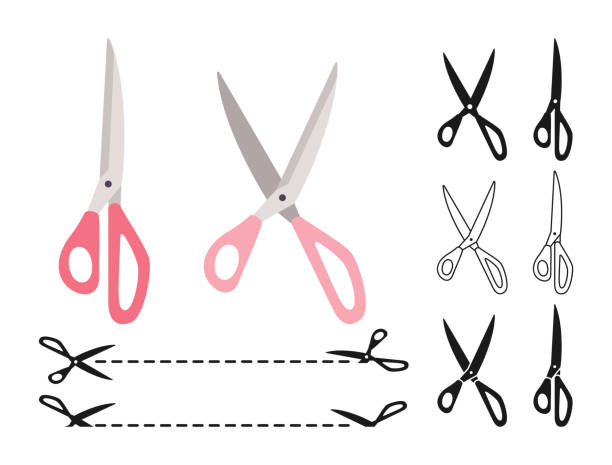 ilustrações, clipart, desenhos animados e ícones de costureira tesoura definir corte cupom vetor plano - coupon scissors sale frame