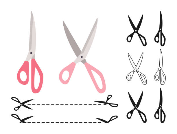 Seamstress scissors set cutting coupon flat vector Seamstress scissors cartoon set. Dotted cutting coupon border, discount symbol cut edge. Open, closed cutting or nippers collection. Label discount sign. Craft flat scissoring. Vector illustration discount coupon template silhouette stock illustrations