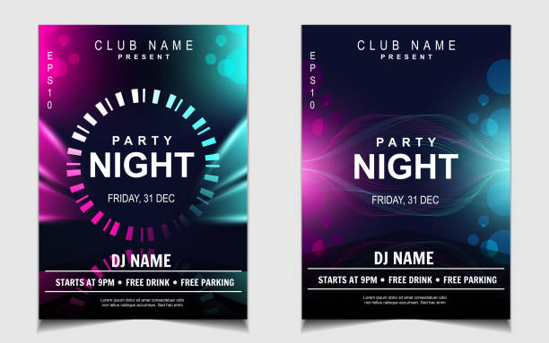 Night dance party music layout cover design template background with colorful dark blue glitters style. Light electro vector for music event concert disco, club invitation, festival poster, flyer entertainment club stock illustrations