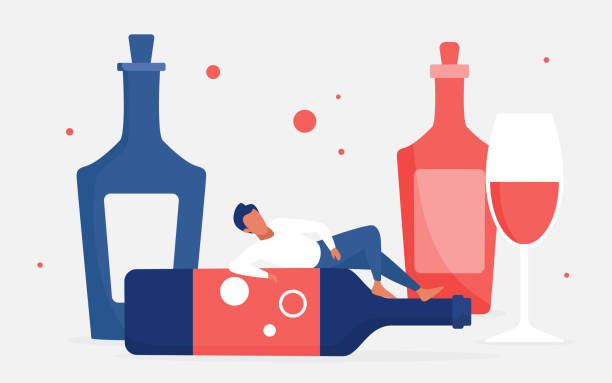 Alcohol addiction concept, adult man addict drinker character lying on empty big bottle Alcohol addiction concept vector illustration. Cartoon adult man addict drinker character lying on empty big bottle next to glass of red wine drink, problem of alcoholic bad unhealthy habit background alcohol drink stock illustrations