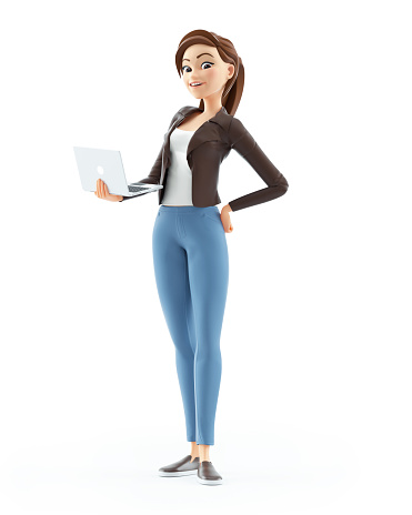 3d cartoon woman standing with laptop, illustration isolated on white background