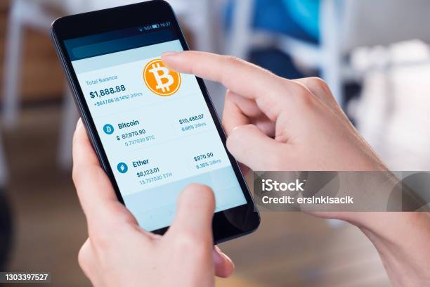 Bitcoin Crypto Currency Wallet On A Mobile Phone Stock Photo - Download Image Now - Cryptocurrency, Bitcoin, Wallet
