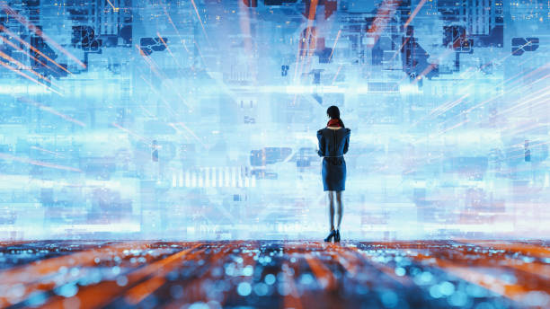 istock Futuristic VR with businesswoman using digital tablet 1303398505
