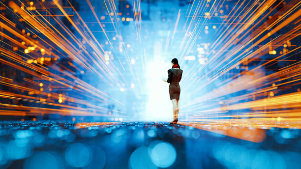 istock Futuristic VR with businesswoman using digital tablet 1303398546