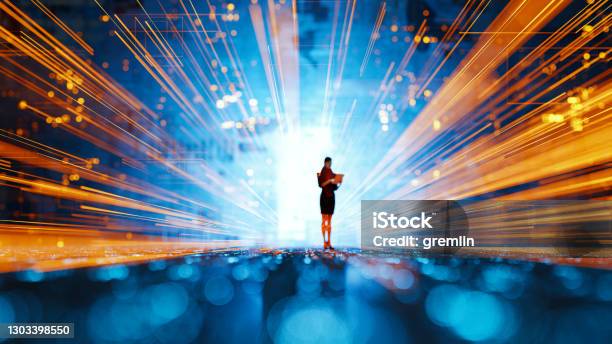 Futuristic Vr With Businesswoman Using Digital Tablet Stock Photo - Download Image Now