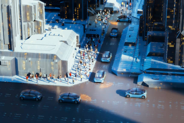 Generic autonomous concept cars in the street. Generic, custom modelled vehicle not based on any real model/brand. Entirely 3D generated image.