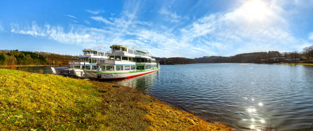 Biggesee Panorama at Sandern with excursion ships on a beautiful sunny day, Sauerland, Germany