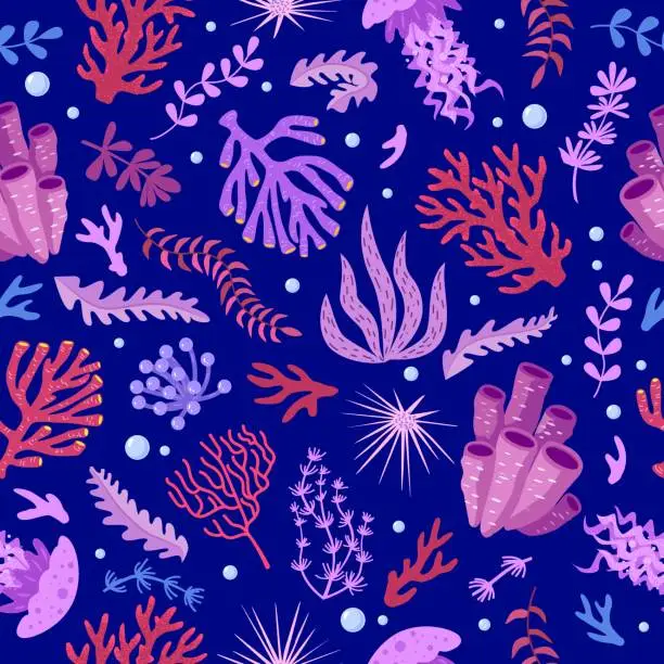 Vector illustration of Seamless pattern with marine fauna - corals, jellyfish, sea anemones, seaweed, sea urchin, bubbles.