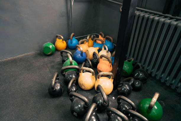 istock Kettlebells in corner of a gym 1303402100