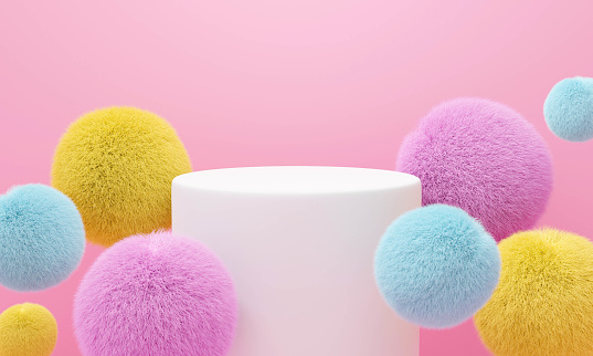 Abstract pink background geometric shape. 3D rendering of white stage podium pedestal with colorful fur ball for display product, banner or fashion. Minimal interior design.