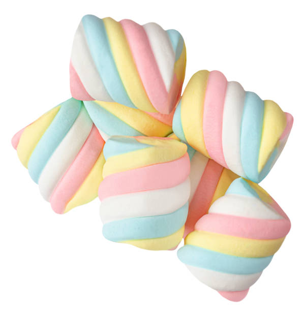 istock Colorful marshmallows candy isolated on white background. Big twisted marshmallow top view image