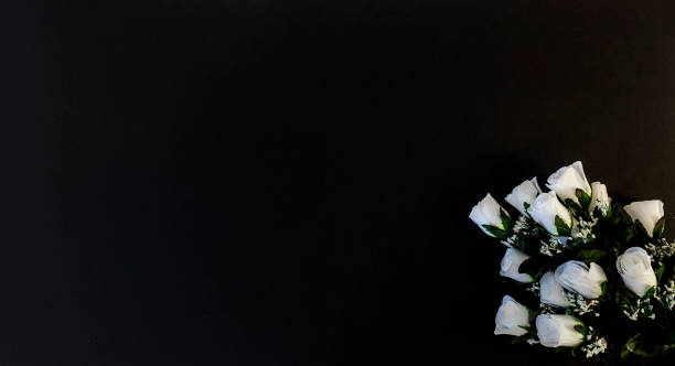 istock Flat Lay, postcard for death, funeral. White roses on a black background 1303409145