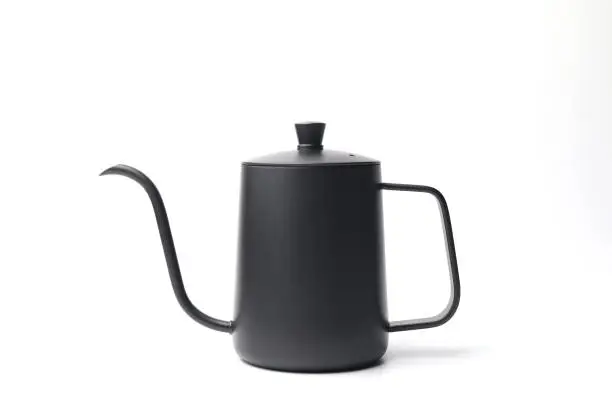 A black gooseneck coffee kettle isolated on white background