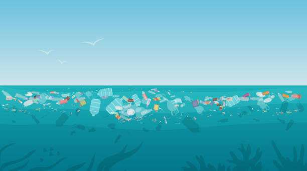 bildbanksillustrationer, clip art samt tecknat material och ikoner med sopor i förorenat havsvatten, naturlandskap med plastflaska skräpavfall - toxic water