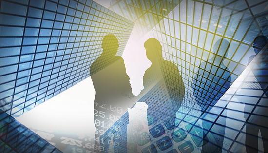 Trade Stock market and Business leader team Silhouette Concept on blue city background for art work design. Double exposure- 3d rendering