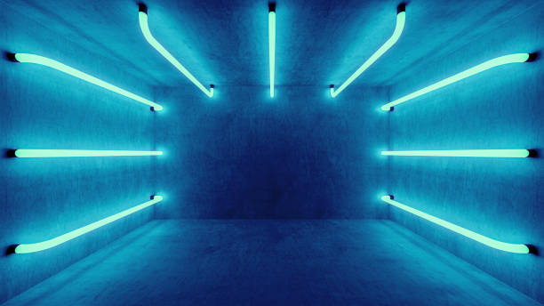 istock Futuristic architecture background. Box with concrete wall. Abstract blue room interior with blue neon lamps. 1303414600