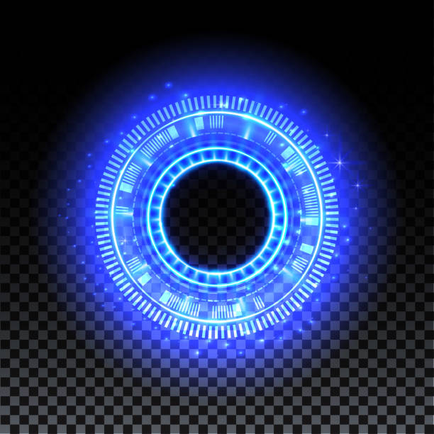 istock Blue hologram portal. Magic fantasy portal. Magic circle with halo effect. Vector blue glow scifi teleport with sparks and hologram, technology background 1303416285