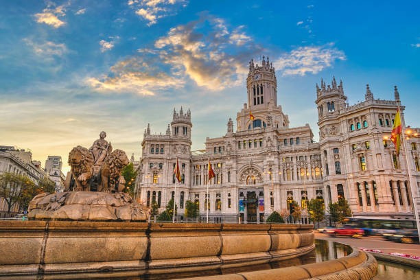 Madrid Spain, sunrise city skyline at Cibeles Fountain Town Square stock photo
