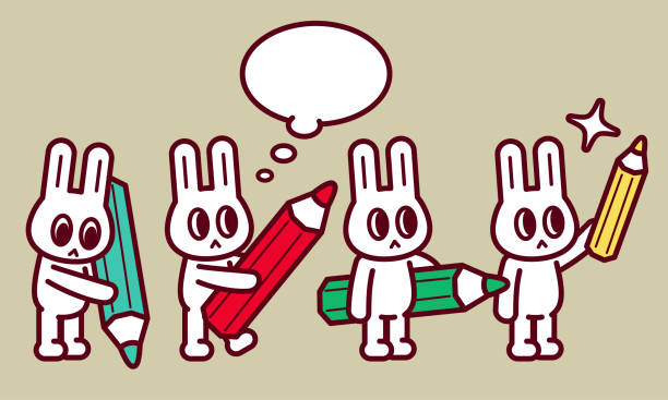 illustrazioni stock, clip art, cartoni animati e icone di tendenza di buona pasqua coniglietto scrivere con una grande matita colorata - vector blog drawing animal