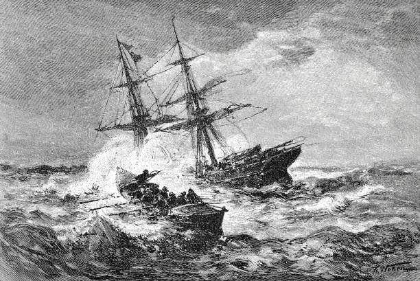 ilustraciones, imágenes clip art, dibujos animados e iconos de stock de bote salvavidas para un barco que se hunde - storm sailing ship sea shipwreck