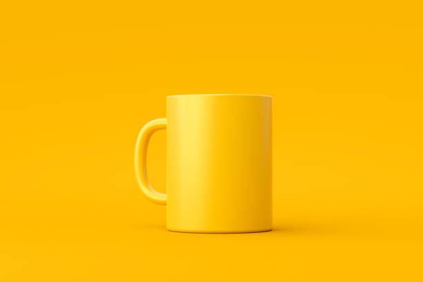 istock Yellow coffee cup or empty mug for drink on vivid color background with blank ceramic porcelain mockup template. 3D rendering. 1303421039