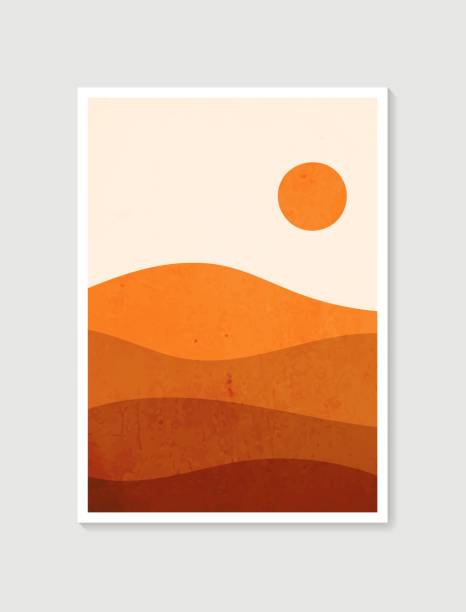 istock Mountain wall art. Vector earth tones landscapes backgrounds with moon and sun. Abstract arts design for wall framed prints, poster, cover, home decor, canvas prints, wallpaper. 1303422099