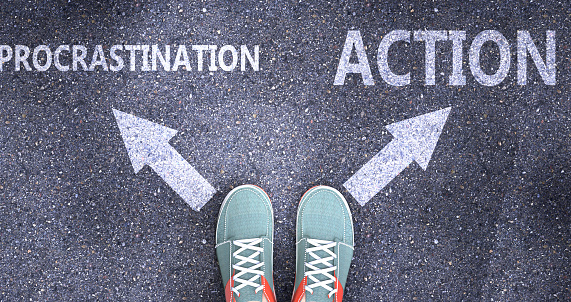 Procrastination and action as different choices in life - pictured as words Procrastination, action on a road to symbolize making decision and picking either one as an option, 3d illustration.
