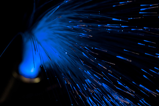 Blue fibre optic lights. Computer networking concept imagery