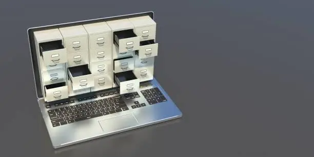 Photo of Filing archives cabinet on a laptop screen, office desk background. 3d illustration
