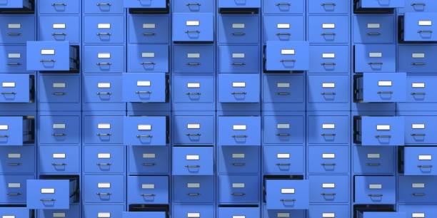 armoires de fichiers d’archives fond de couleur bleue. ouvrez les tiroirs. illustration 3d - meuble classeur photos et images de collection