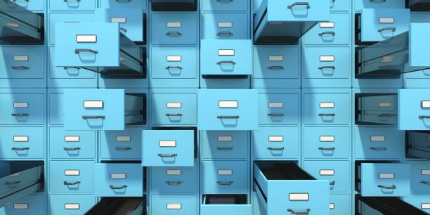 istock Archive file cabinets blue color background. Open drawers. 3d illustration 1303427086