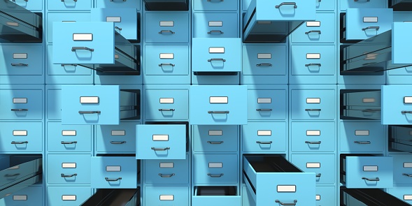 Data archive storage. Blue filing cabinets with open drawers background. Office document data, bureaucracy and business administration concept. 3d illustration