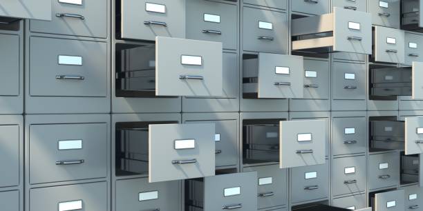 istock Archive file cabinets grey color background. Open drawers. 3d illustration 1303427088