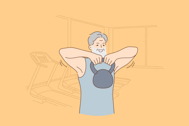 Active joyful elderly people lifestyle and fit concept Active joyful elderly people lifestyle and fit concept. Smiling cheerful hipster senior man training in gym making sports workout with dumbbels enjoying active life vector illustration cartoon of the older people exercising gym stock illustrations
