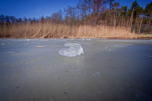 a block of ice on the frozen surface of the lake