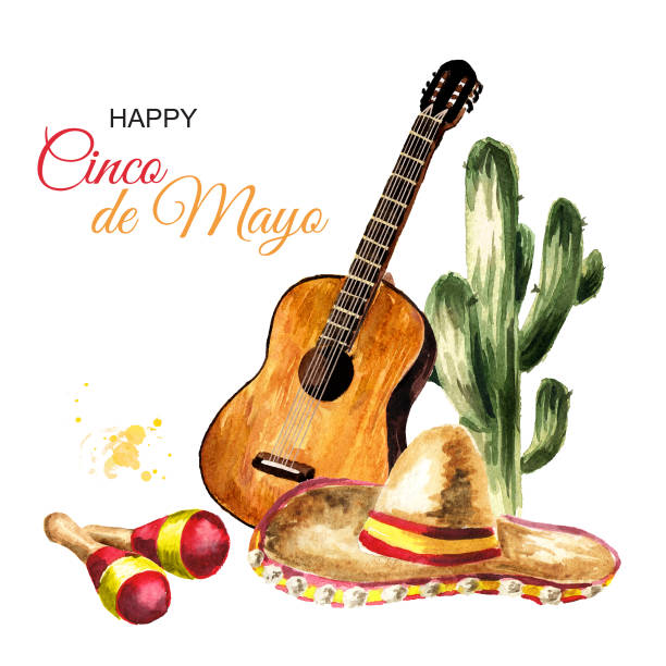 ilustraciones, imágenes clip art, dibujos animados e iconos de stock de tarjeta cinco de mayo, guitarra de madera, maracas y sombrero sombrero. ilustración de acuarela dibujada a mano aislada sobre fondo blanco - mexican culture cinco de mayo backgrounds sombrero