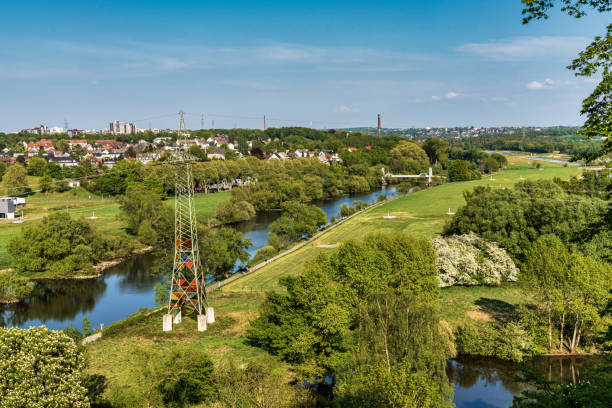 Essen, North Rhine-Westphalia, Germany - April 27, 2020: View from Hinsel towards the River Ruhr and Essen-Horst