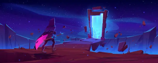 Vector illustration of Knight and magic portal in stone frame at night