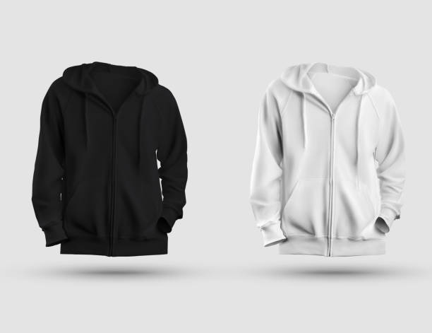 istock Mockup of a white, black hoodie with a zipper closure, with folded sleeves, pullover 3D rendering, isolated on background. 1303435218